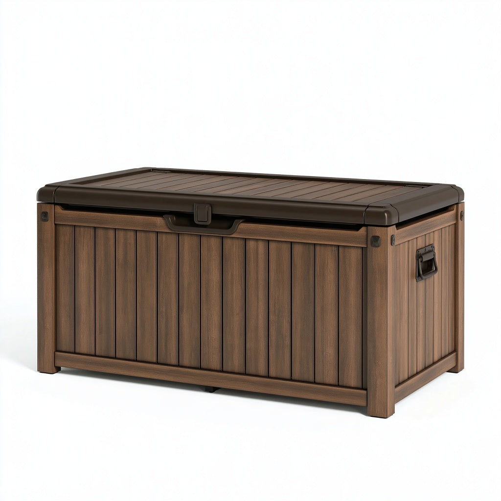 Garten-Aufbewahrungsbox 120 x 55 x 60 cm Kunststoff Braun in Holzoptik mit Deckel