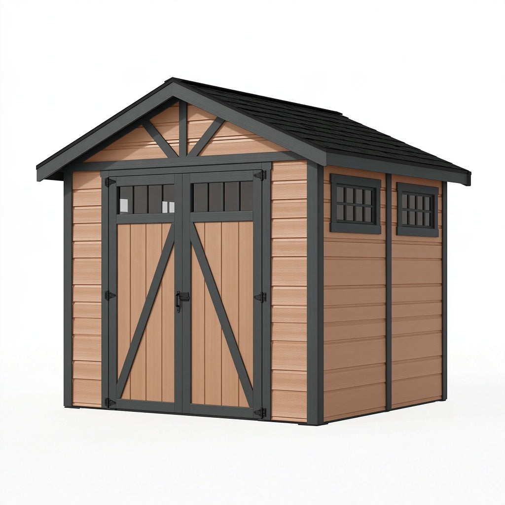 Gartenhaus 240 x 180 x 220 cm Kunststoff Holzoptik Braun Anthrazit mit Doppeltür und Fenstern