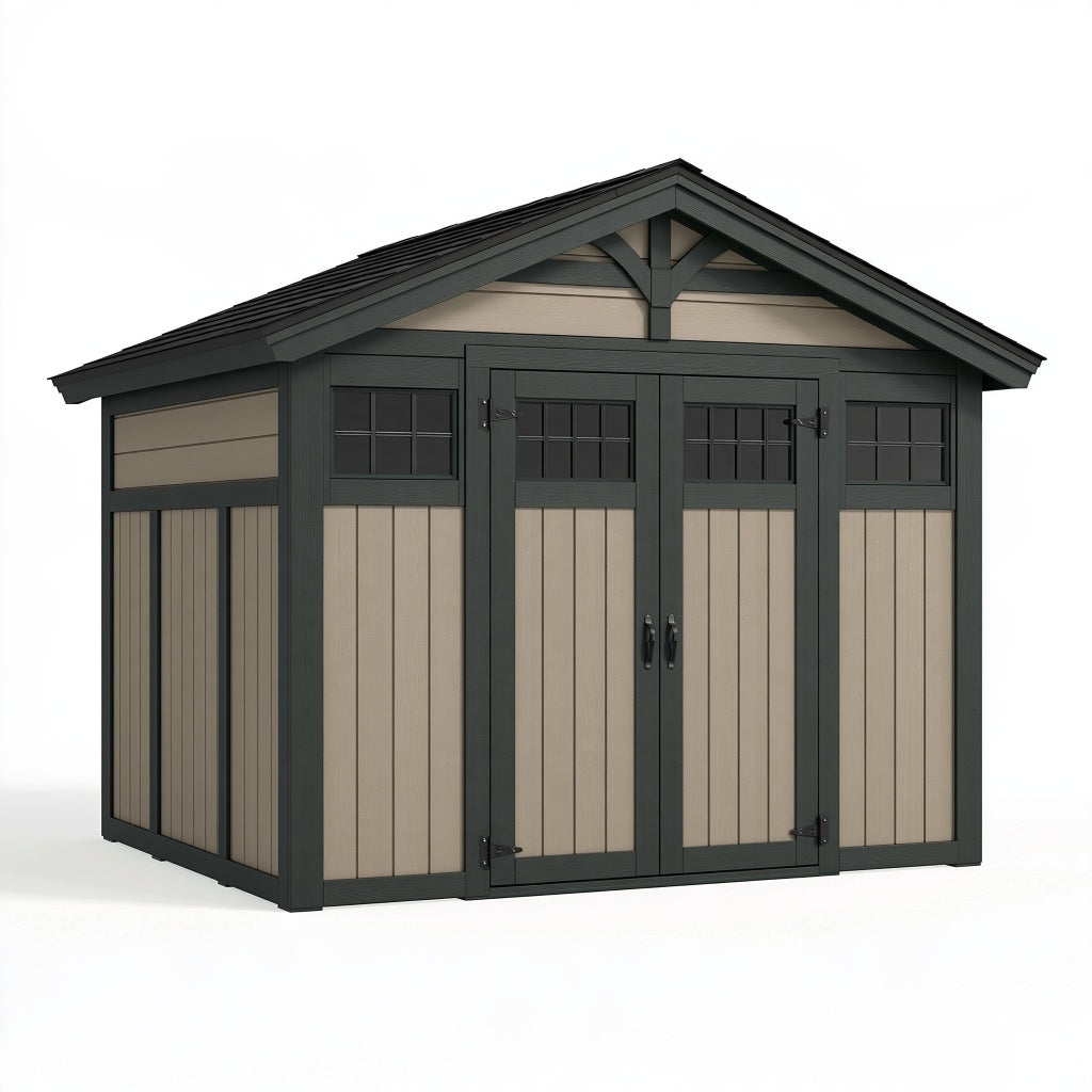 Gartenhaus 226 x 185 x 225 cm aus Kunstharz in Beige Anthrazit mit Doppeltür im Landhausstil