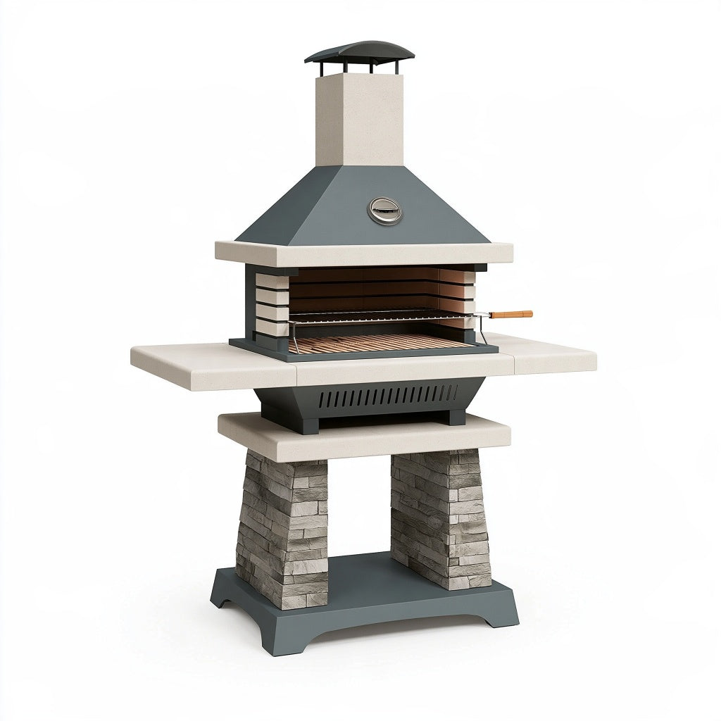 Grillkamin 120 x 70 x 210 cm Beton Stahl Grau für den Garten mit Kaminhaube