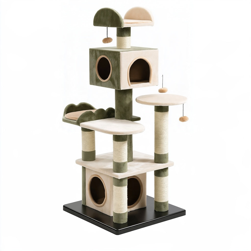 Kratzbaum 60 x 60 x 150 cm mit Plüsch und Sisal Grün Beige für Katzen mit Höhlen und Liegeflächen