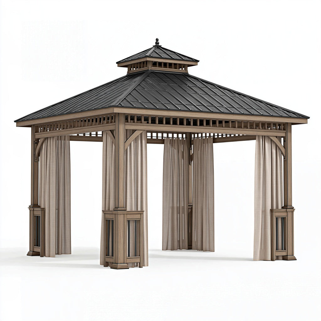 Gartenpavillon 300 x 300 x 300 cm Holz Metall Beige mit Vorhängen