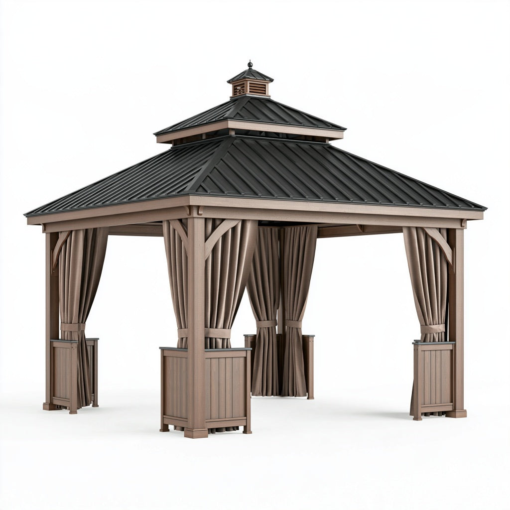 Pavillon 300 x 300 cm mit Metallrahmen und Stoffvorhängen Taupe Schwarz Gartenpavillon mit Doppeldach