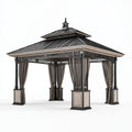 Gartenpavillon 300 x 300 x 350 cm Metall Holzoptik Grau Schwarz mit Vorhängen
