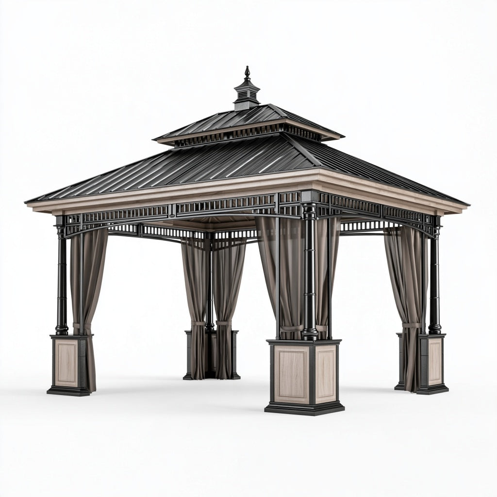 Gartenpavillon 300 x 300 x 350 cm Metall Holzoptik Grau Schwarz mit Vorhängen