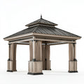 Gartenpavillon 300 x 300 x 320 cm Holzoptik Metall mit Vorhängen klassisch