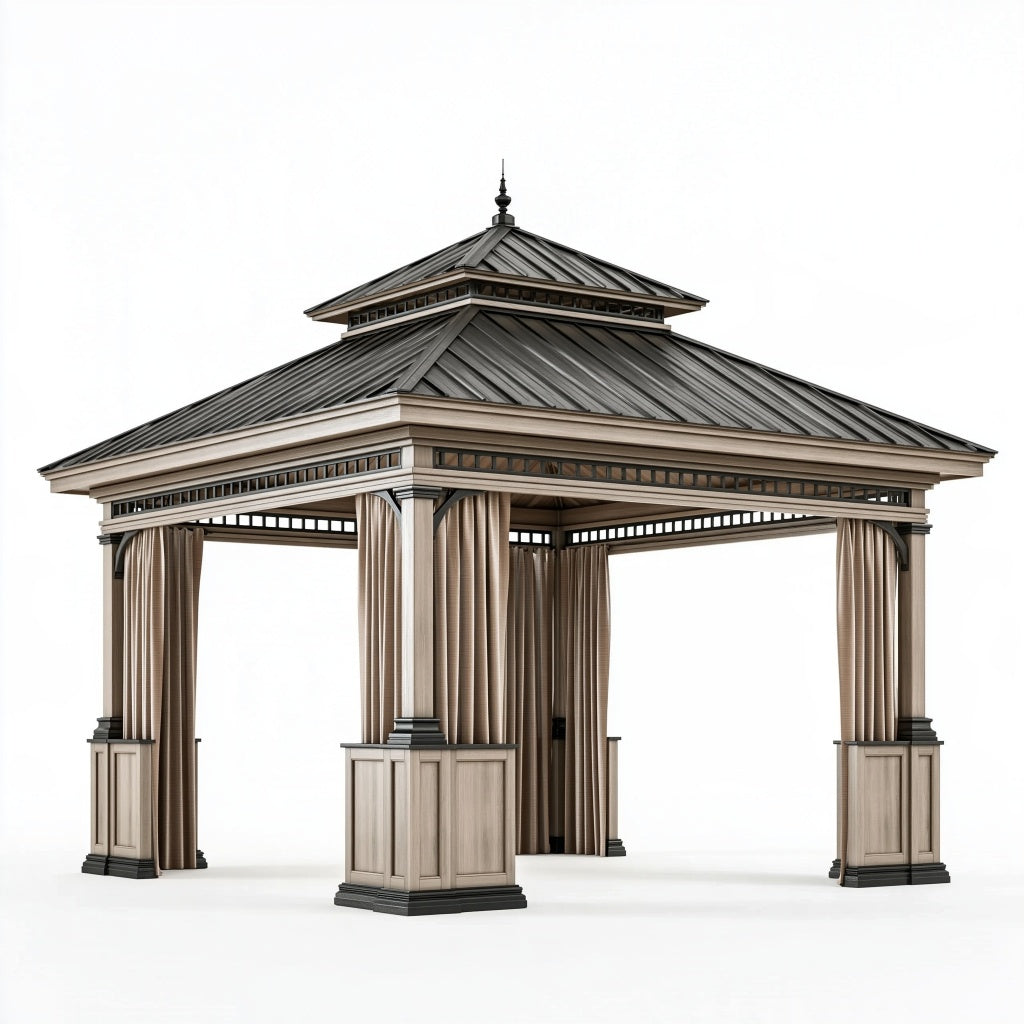 Gartenpavillon 300 x 300 x 320 cm Holzoptik Metall mit Vorhängen klassisch