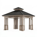 Gartenpavillon 400 x 400 cm aus Holz Beige mit Metalldach und Vorhängen