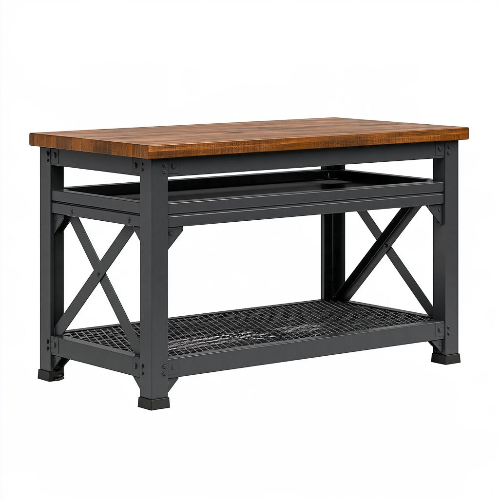 Werkbank 120 x 60 x 90 cm Holz und Metall Braun Schwarz mit Ablage im Industrie Stil