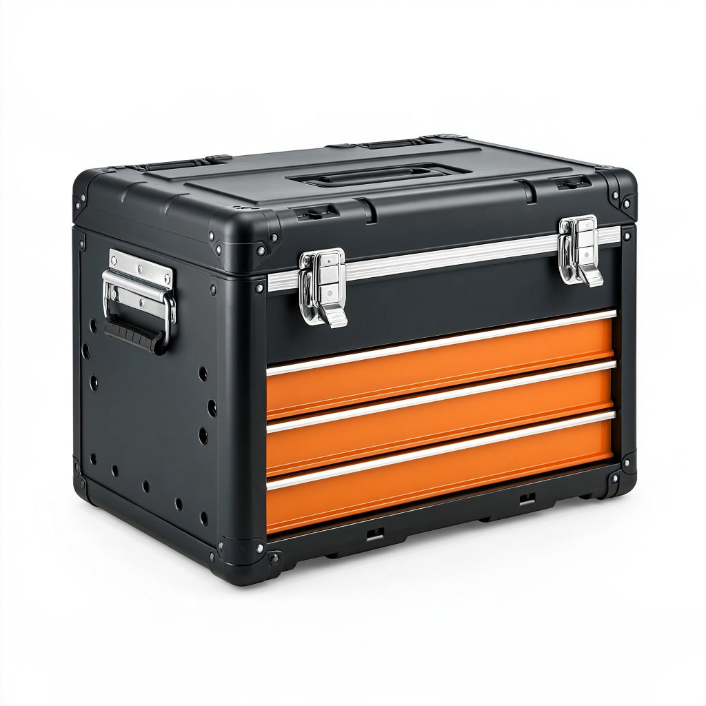 Werkzeugkoffer 60 cm aus Metall und Kunststoff in Schwarz Orange mit 3 Schubladen