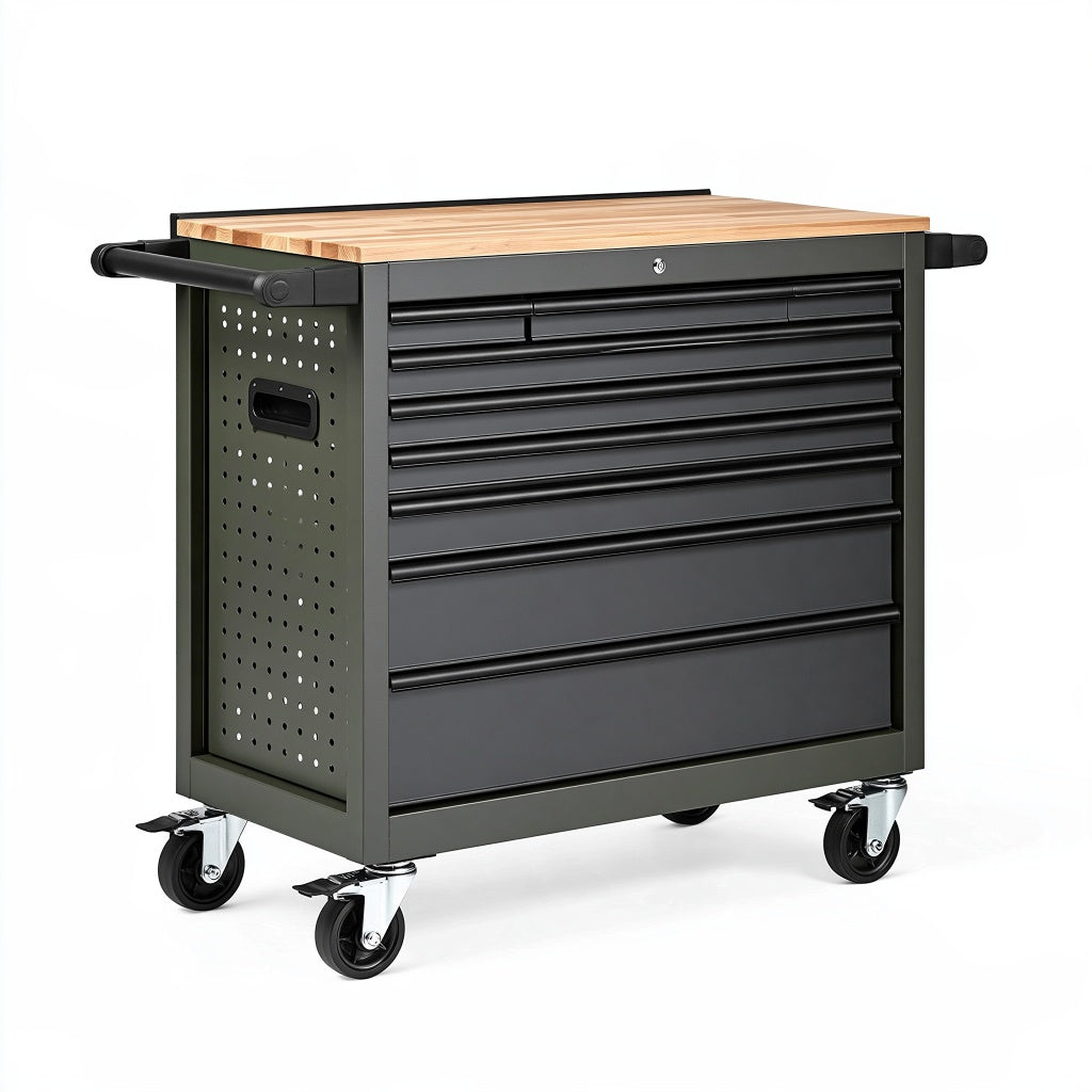 Werkzeugwagen 100 x 50 x 95 cm aus Stahl und Holz Schwarz fahrbar mit 7 Schubladen