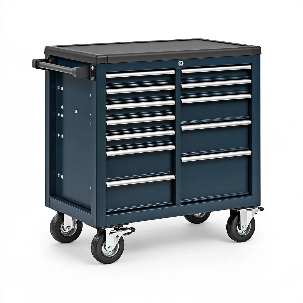 Werkzeugwagen 100 x 50 x 95 cm Stahl Dunkelblau mit 12 Schubladen und Rollen
