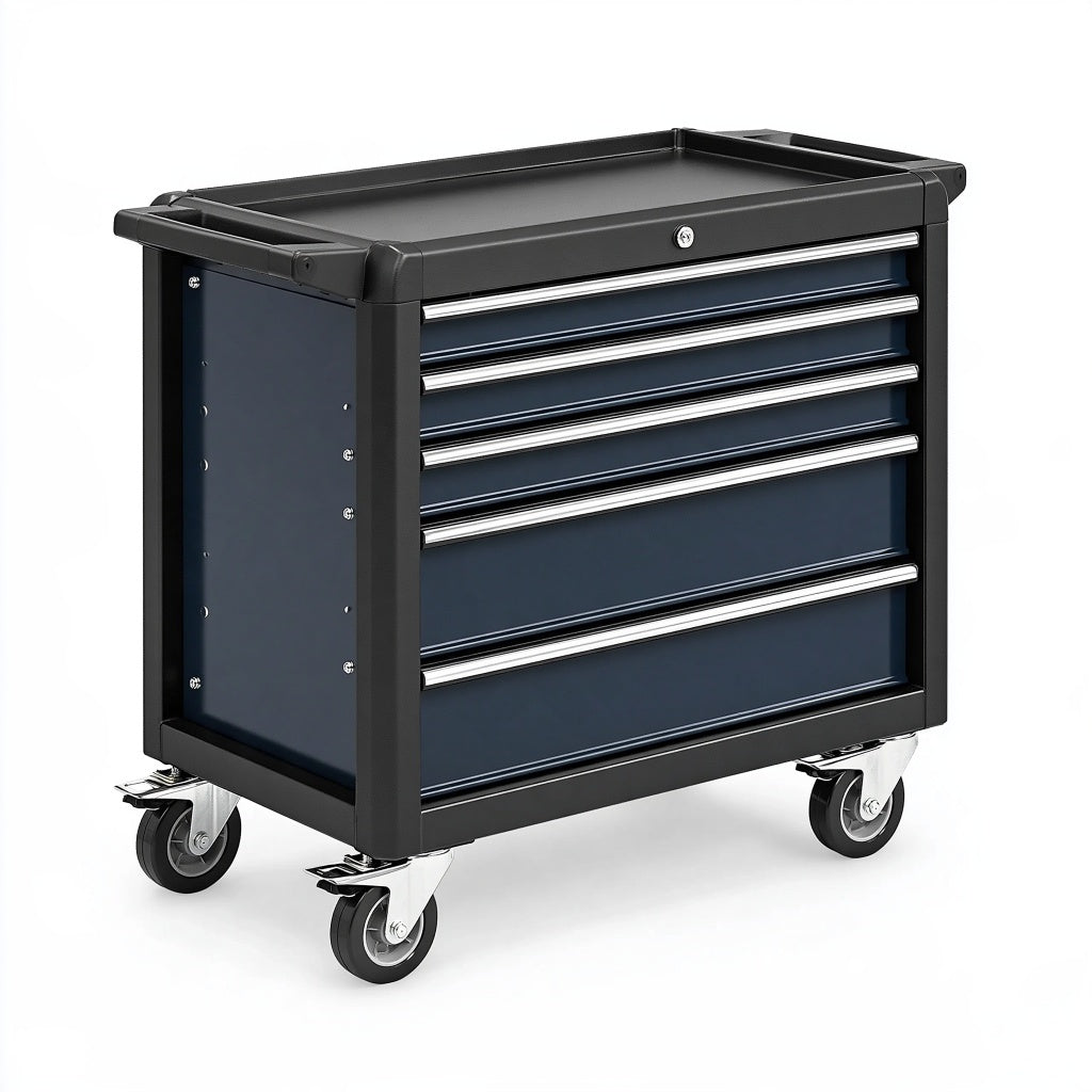 Werkzeugwagen 77 x 46 x 95 cm aus Stahl in Schwarz Blau mit 5 Schubladen