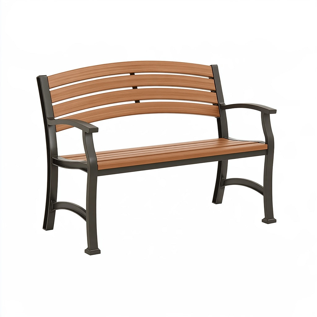Gartenbank 125 cm Holz Metall Braun Schwarz Sitzbank mit Armlehnen