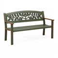 Gartenbank 122 cm Metall Grün Braun mit Armlehnen Blattmotiv