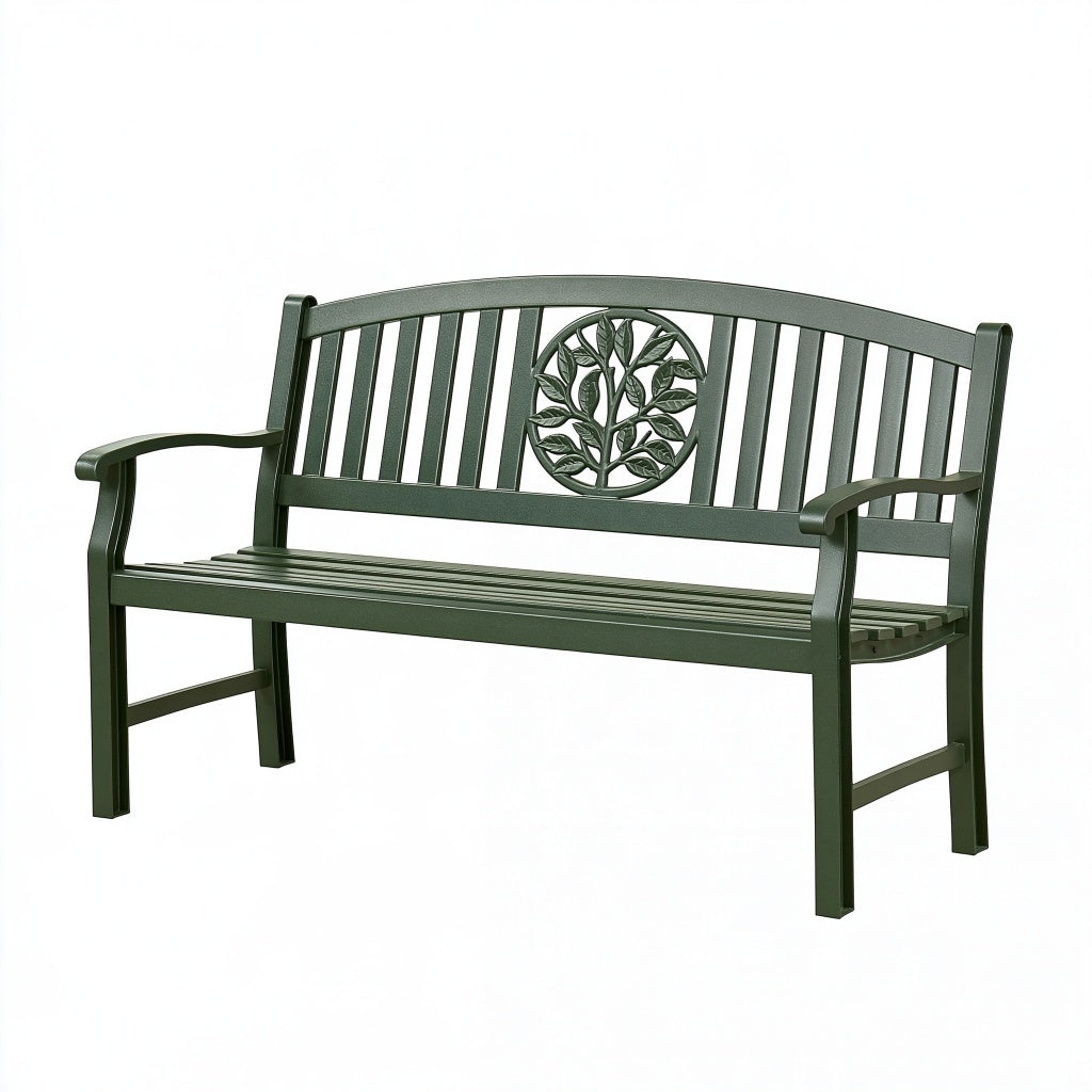 Gartenbank 122 x 63 x 89 cm aus Metall in Dunkelgrün mit Armlehnen und Blattmotiv